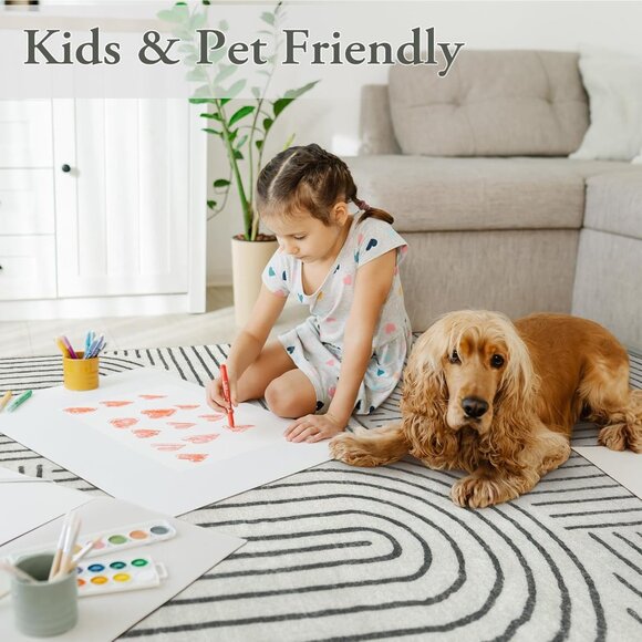 New 5x7 Black & White Abstract Rug, Washable Non-Slip Modern Carpet for Home - Picture 3 of 11